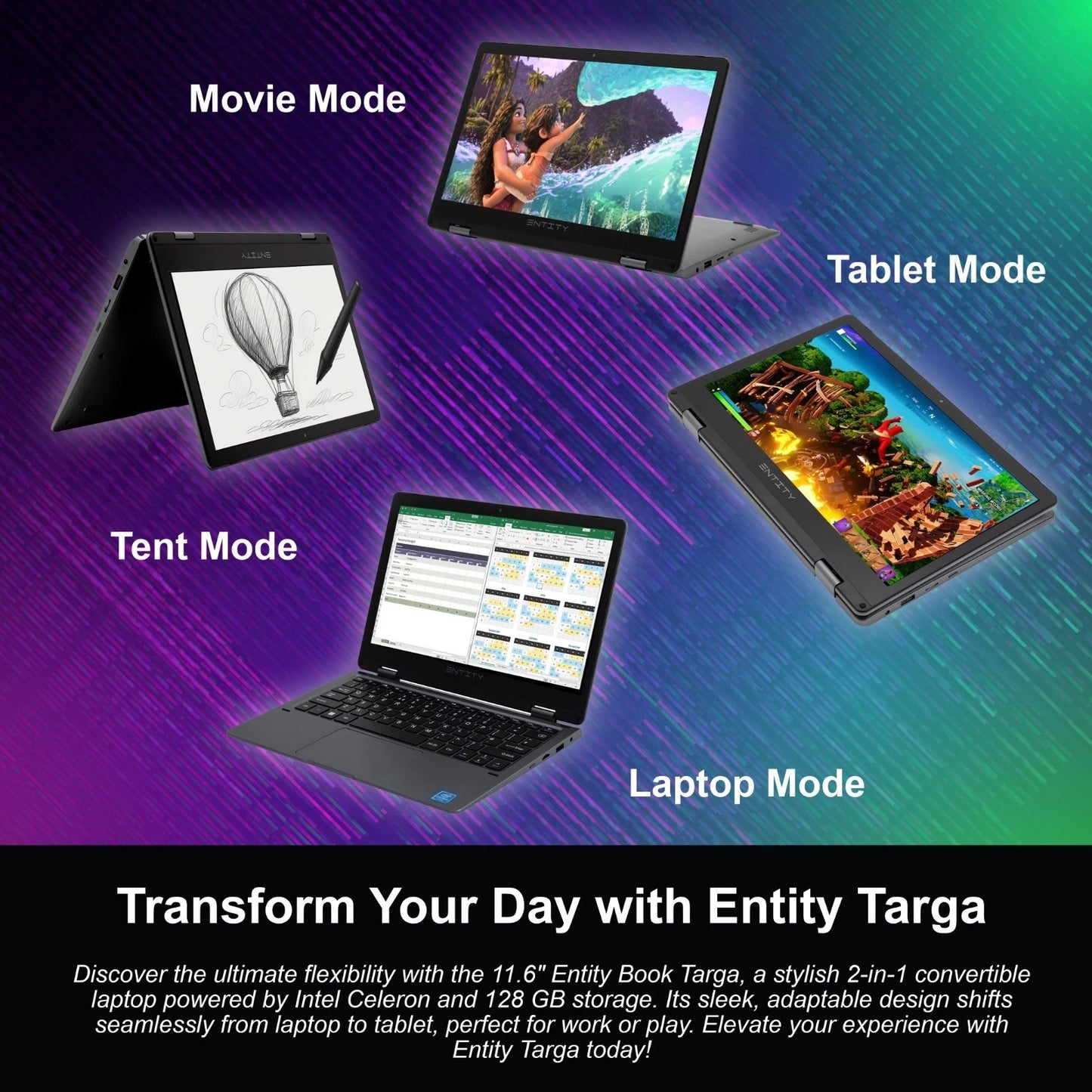 Entity Book 11.6 Targa 4 in 1 Laptop Touchscreen Intel Celeron N4040 128GB Black