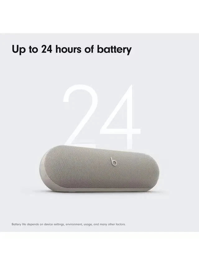 Gray portable speaker with 'Up to 24 hours of battery' text on a white background