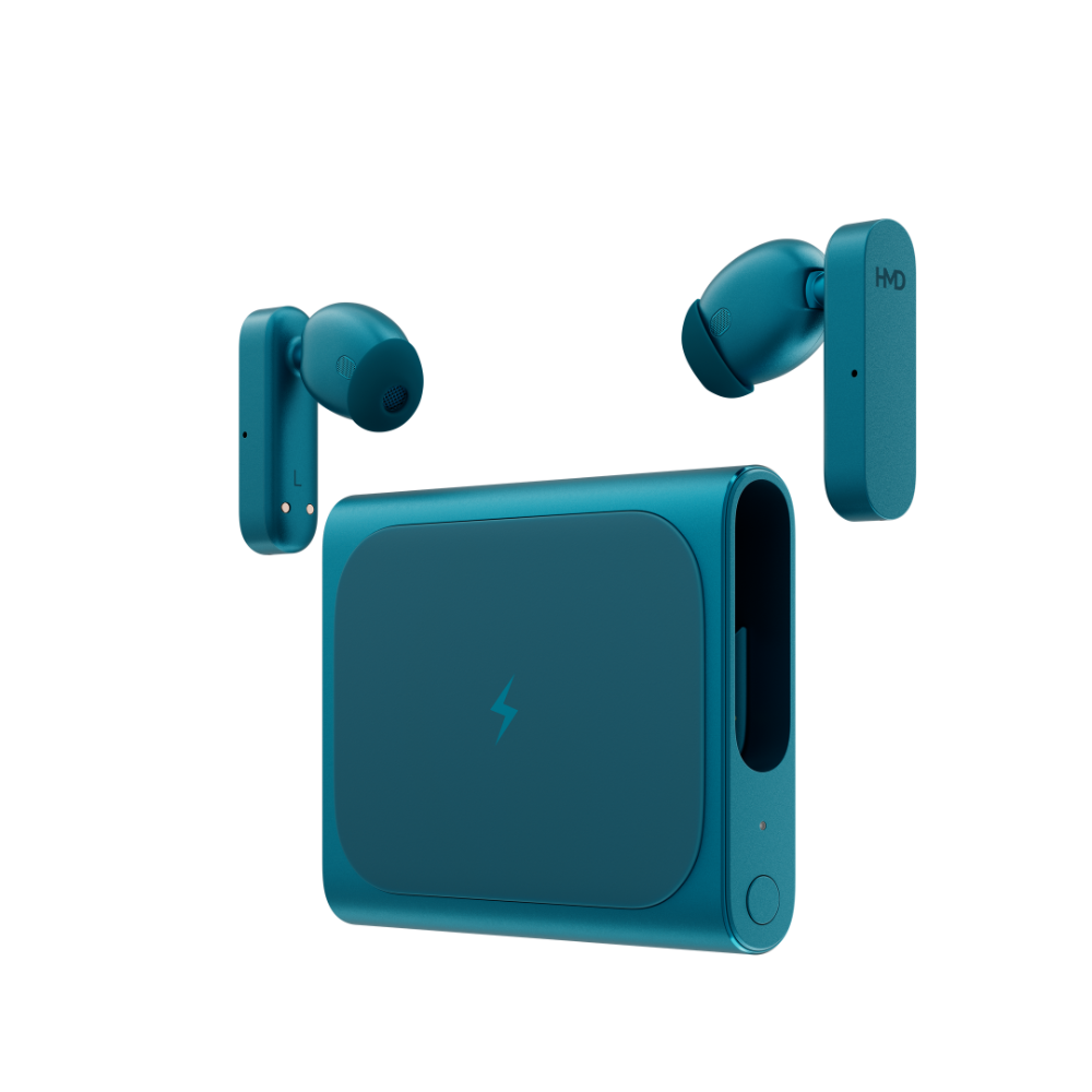 Image of HMD Amped Buds Cyan – premium wireless earbuds featuring advanced noise cancellation, a secure ergonomic design, and rich, immersive sound quality for a reliable audio experience.