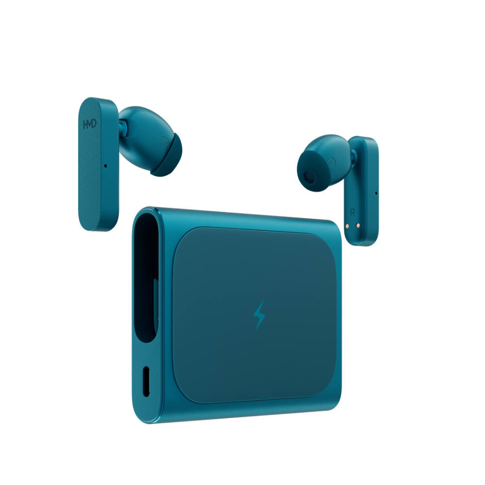 Image of HMD Amped Buds Cyan – premium wireless earbuds featuring advanced noise cancellation, a secure ergonomic design, and rich, immersive sound quality for a reliable audio experience.