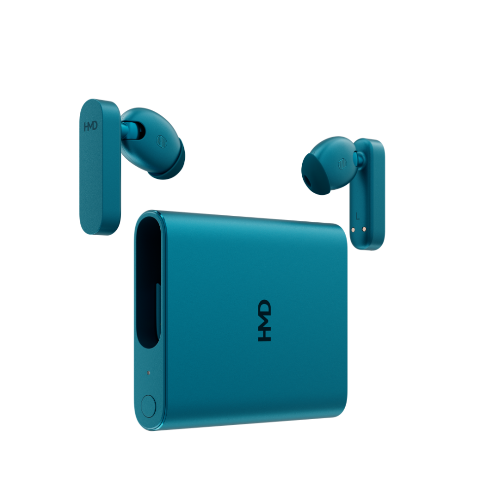 Image of HMD Amped Buds Cyan – premium wireless earbuds featuring advanced noise cancellation, a secure ergonomic design, and rich, immersive sound quality for a reliable audio experience.