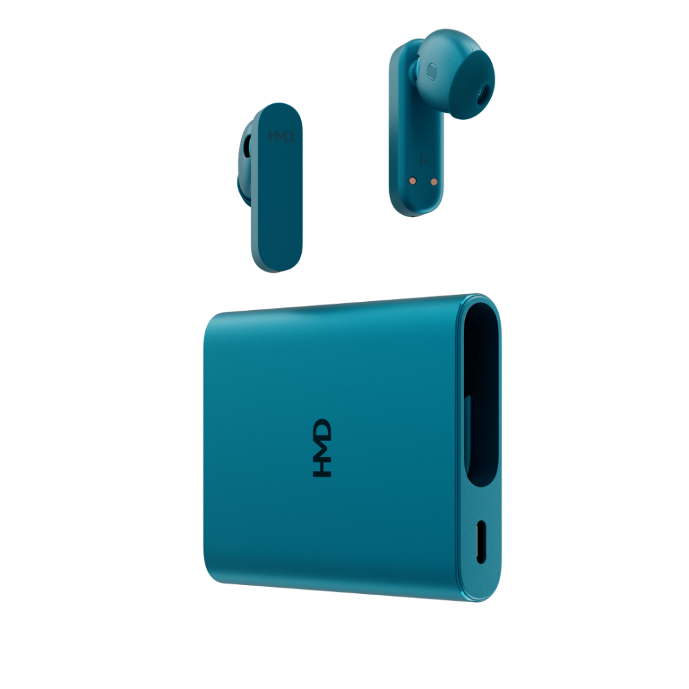 Image of HMD Amped Buds Cyan – premium wireless earbuds featuring advanced noise cancellation, a secure ergonomic design, and rich, immersive sound quality for a reliable audio experience.