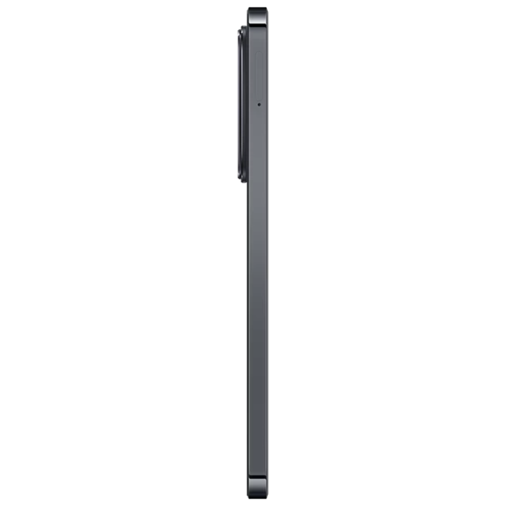 Side view of a smartphone with a black case on a white background
