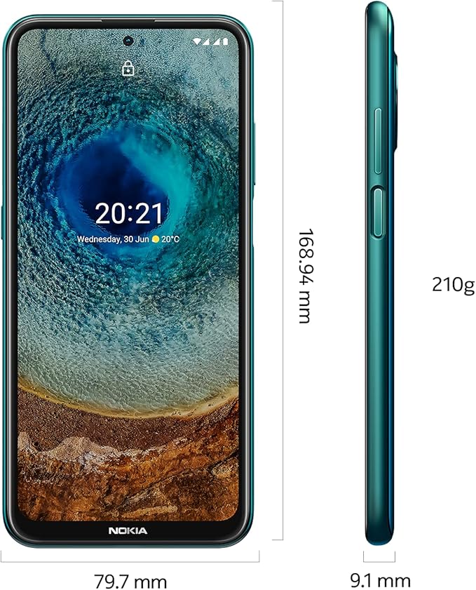 Nokia smartphone with front and side views, screen display, dimensions, and weight on a white background