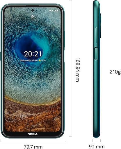 Nokia smartphone with front and side views, screen display, dimensions, and weight on a white background