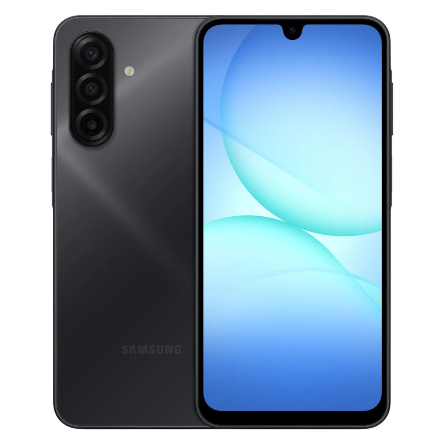 Samsung smartphone showing back and front views on a white background