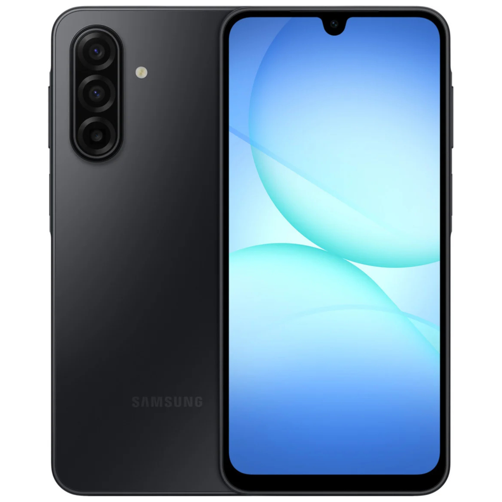 Samsung smartphone showing front and back on a white background