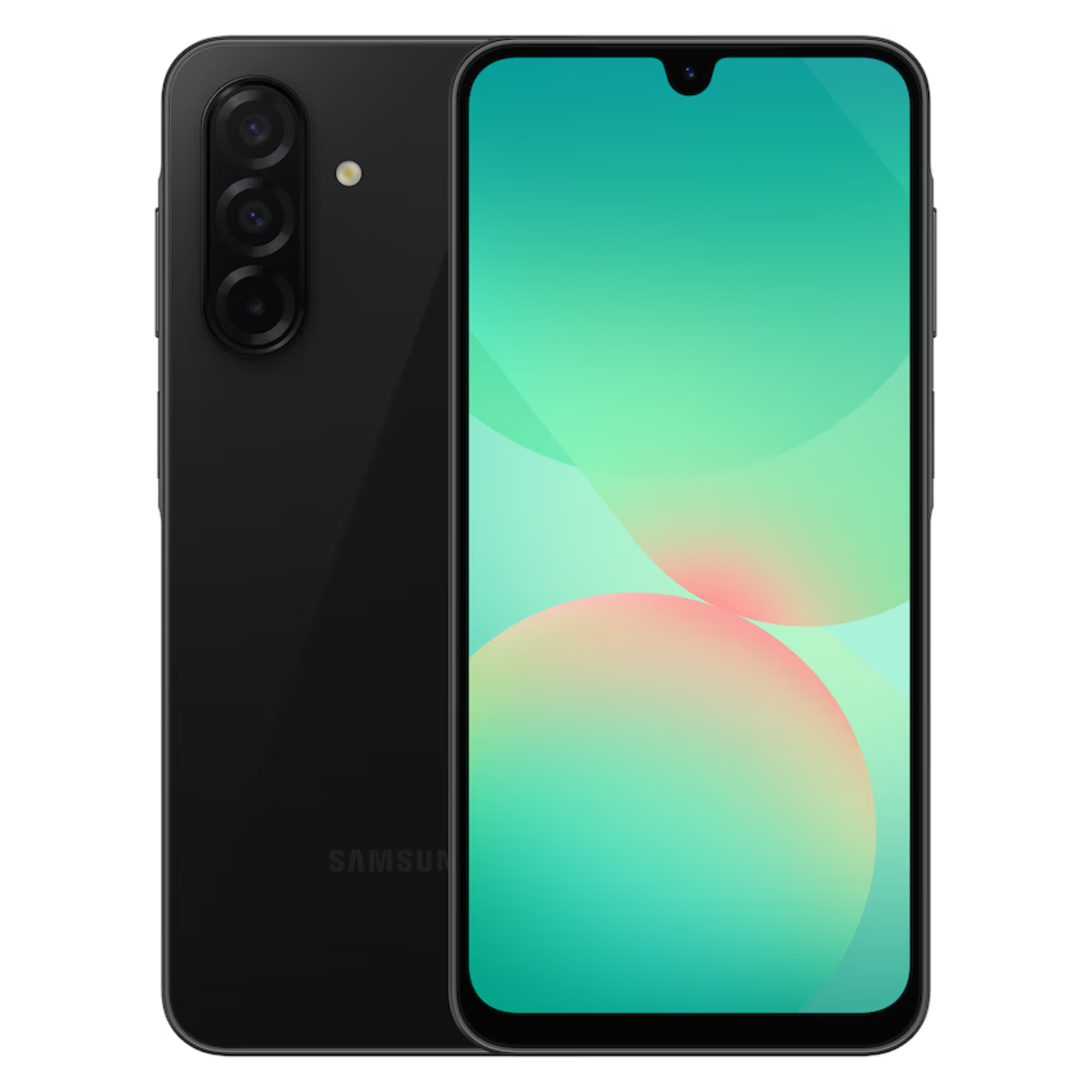 Samsung smartphone showing front and back on a white background