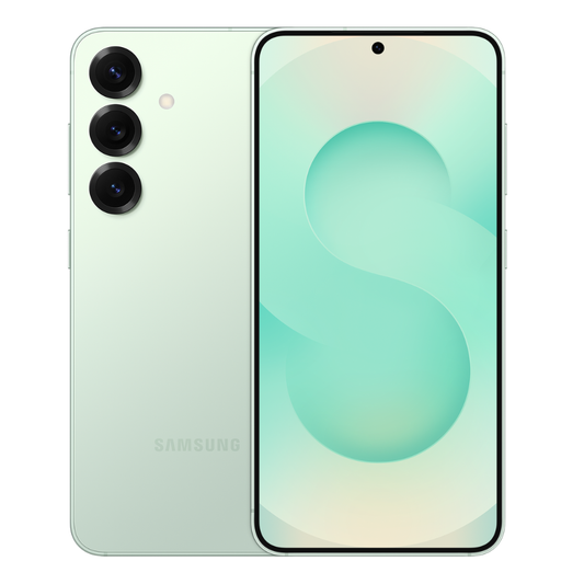 Samsung smartphone showing front and back on a white background