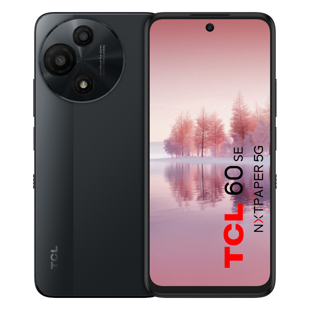 Black TCL smartphone showing front and back with scenic display and the product name TCL 60 SE NXTPAPER 5G