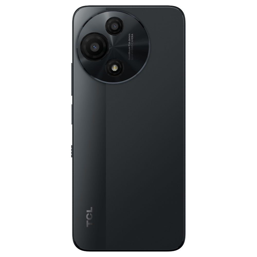 Black TCL smartphone back view on a white background
