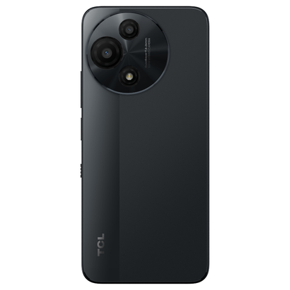 Black TCL smartphone back view on a white background