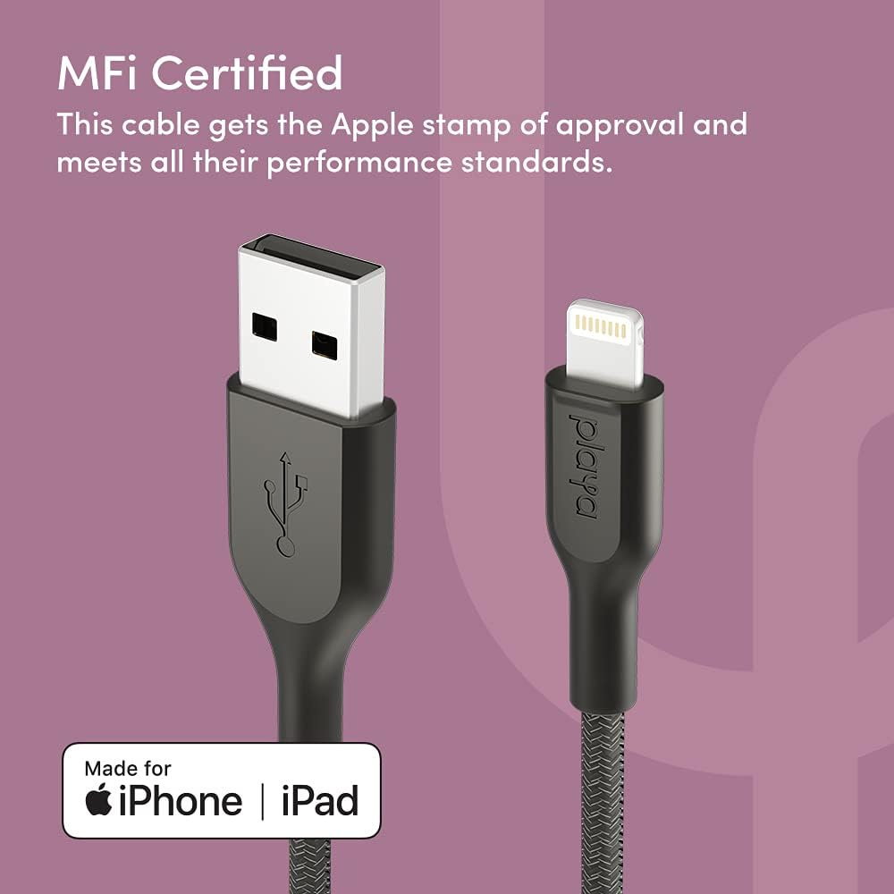 MFi certified cable with USB and Lightning connectors on a purple background