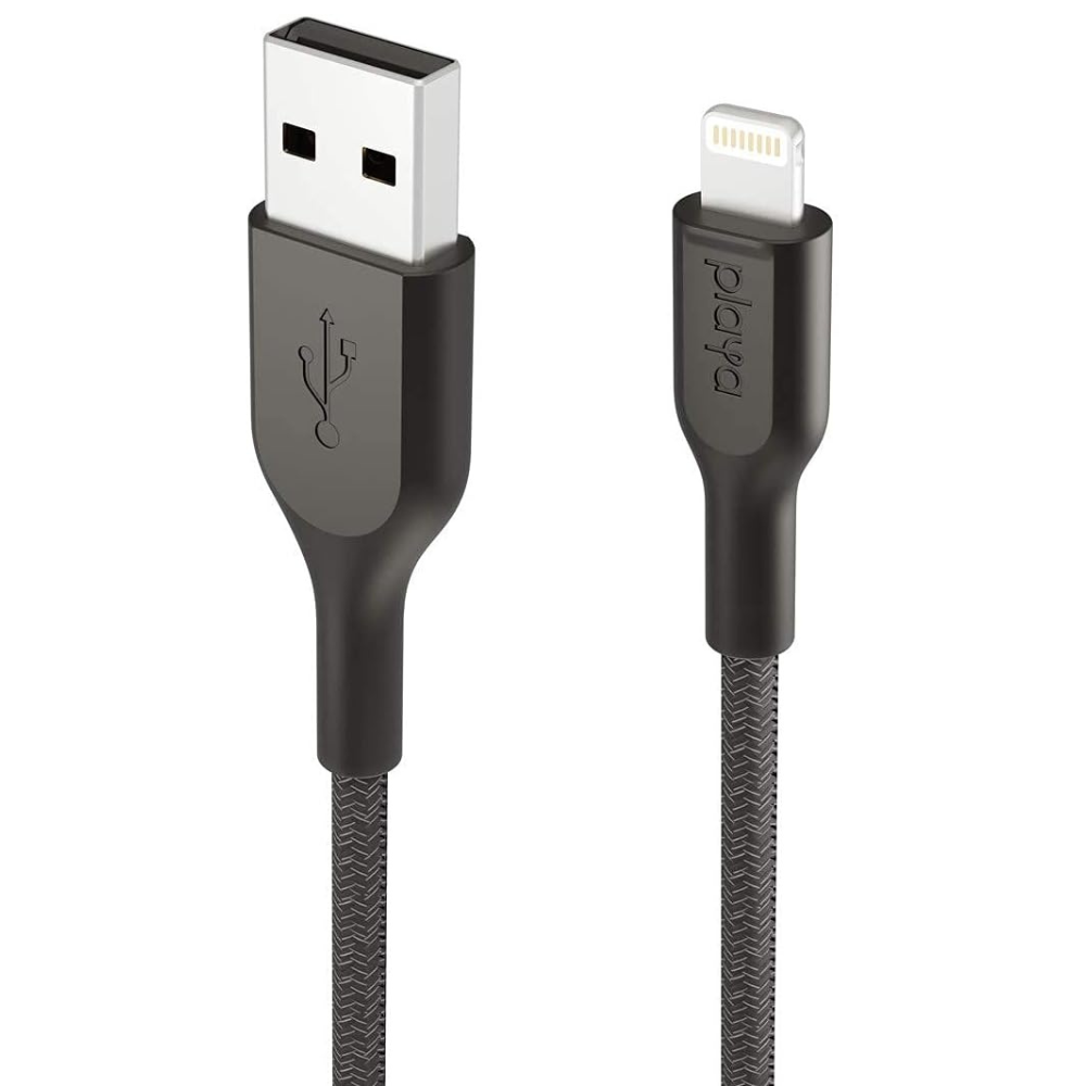 Black USB cable with Lightning connector on a white background