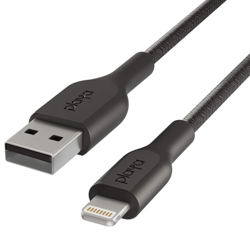 Black USB cable with Lightning connector on a white background