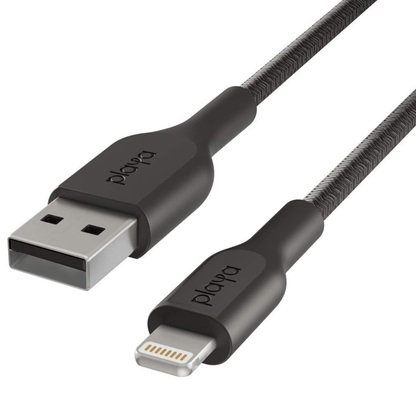 Black USB cable with Lightning connector on a white background
