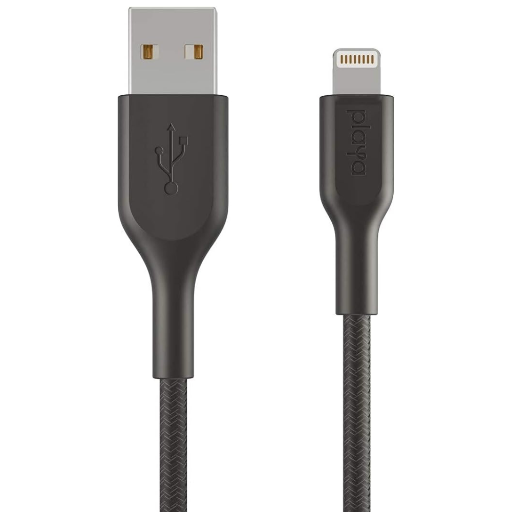 Black charging cable with USB and Lightning connectors on a white background