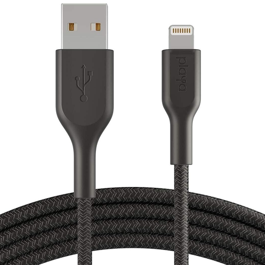 Black charging cable with USB and Lightning connectors on a white background