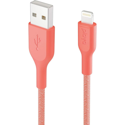 Coral-colored USB cable with one end being a Lightning connector on a white background