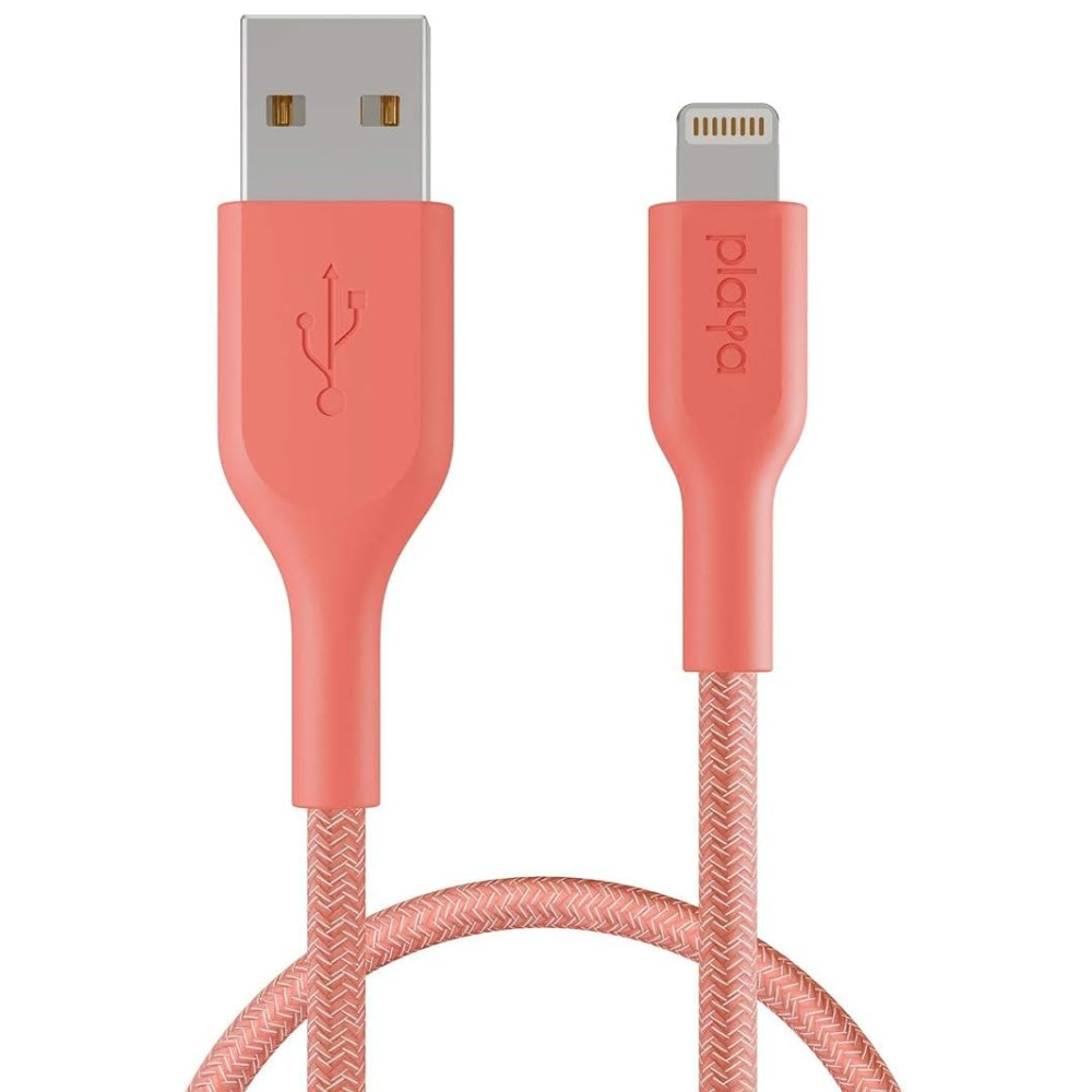 Coral-colored USB cable with one end for USB and the other for Lightning on a white background