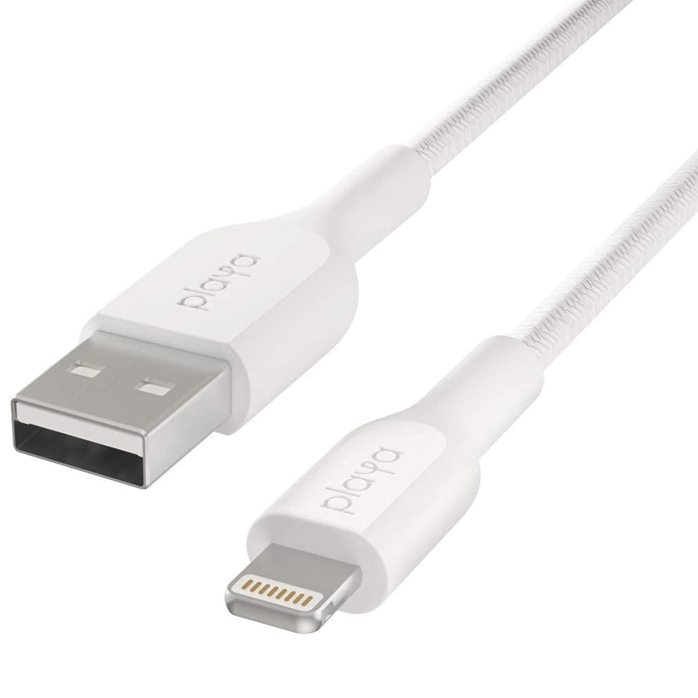 White USB cable with Lightning connector on a white background
