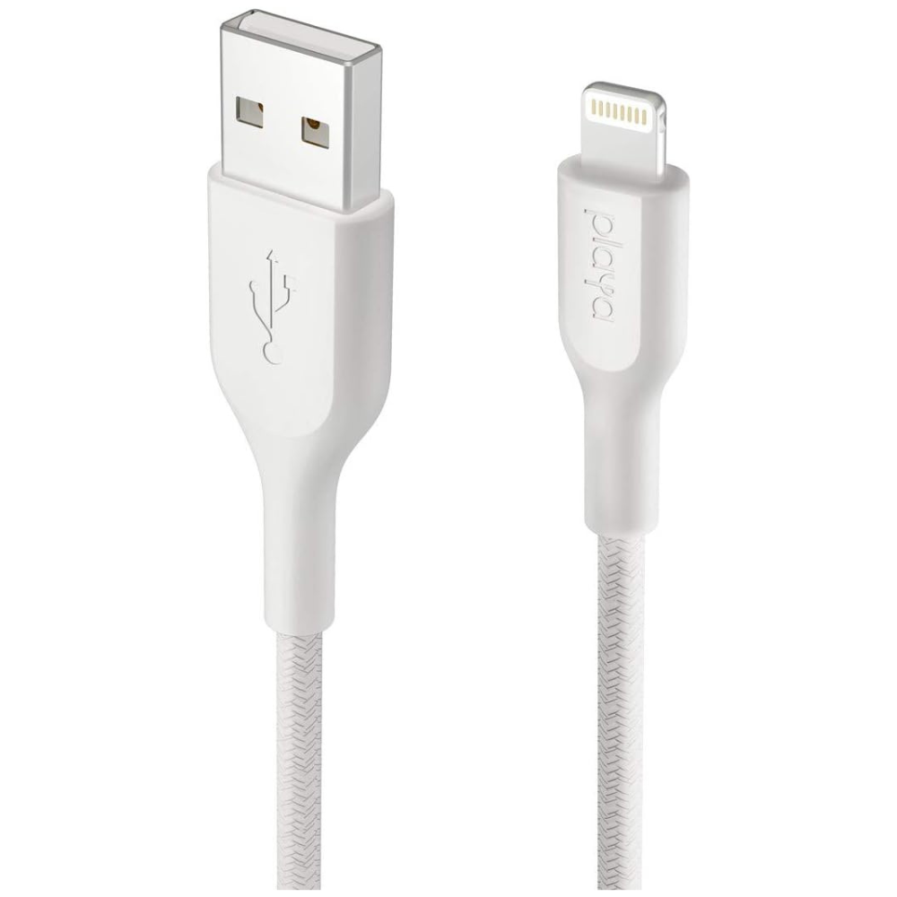 White USB cable with Lightning connector on a white background