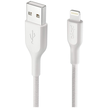 White USB cable with Lightning connector on a white background