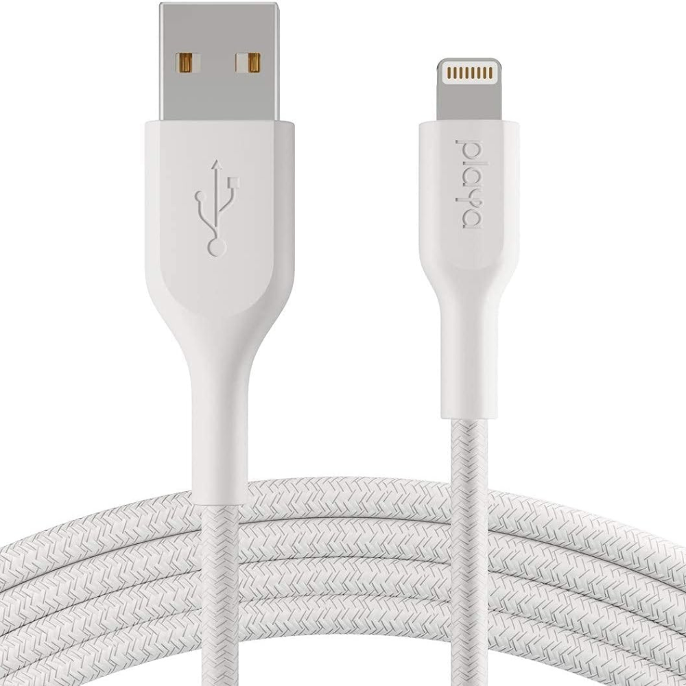 White charging cable with USB and Lightning connectors on a white background