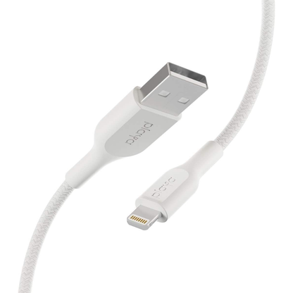 White USB cable with Apple logo on a white background