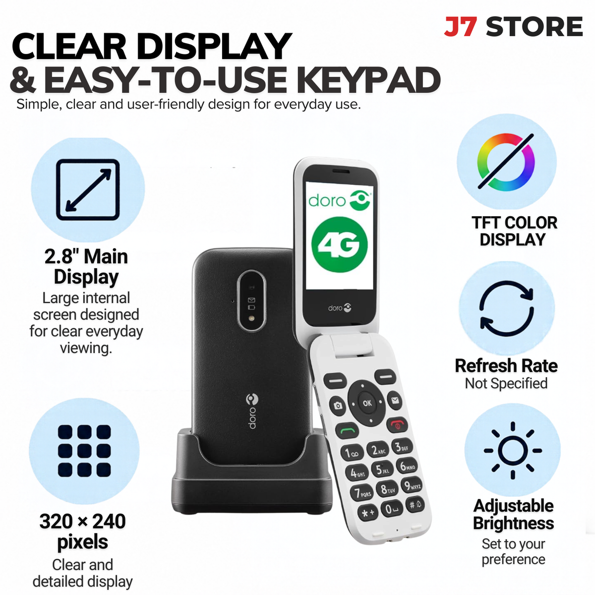 Doro 6820 4g Big Buttons Single Sim Flip Phone Black & White