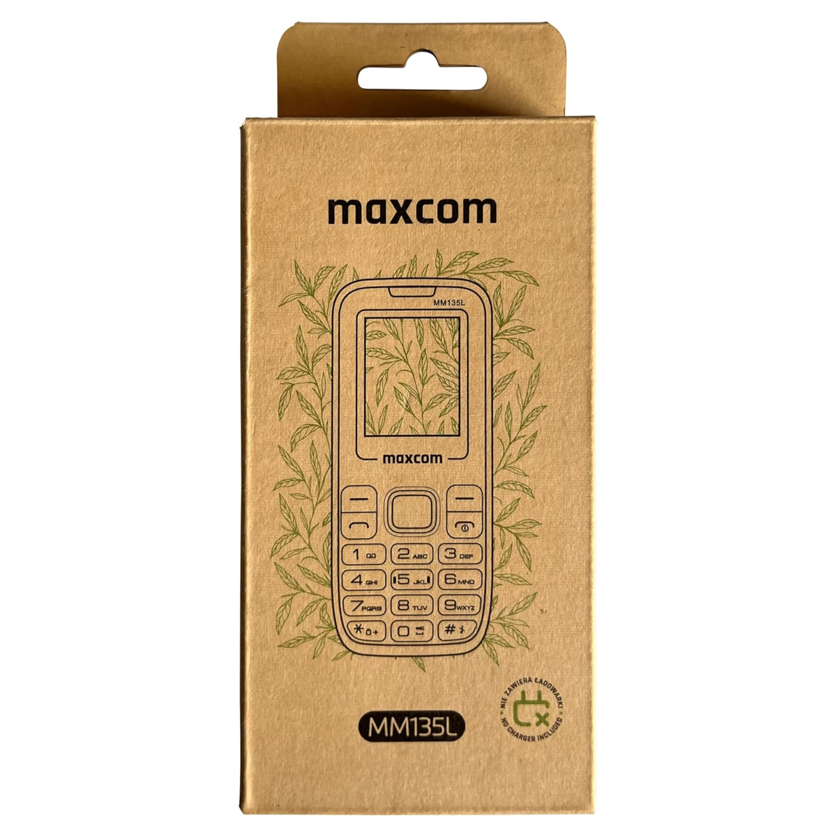 A brown cardboard retail box for a Maxcom MM135L mobile phone, featuring a printed illustration of the phone and green leafy accents on a white background.