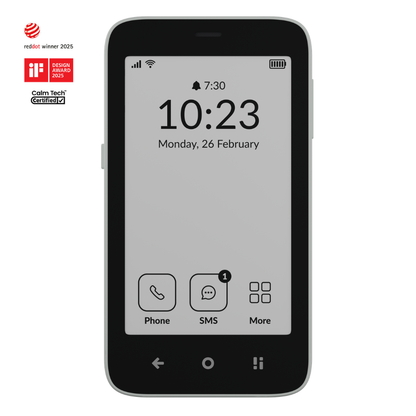 Mudita Kompakt 4G Minimalist E-Ink Mobile Phone Natural White 32GB with reddot winner 2025 logo and Calm Tech certified logo.