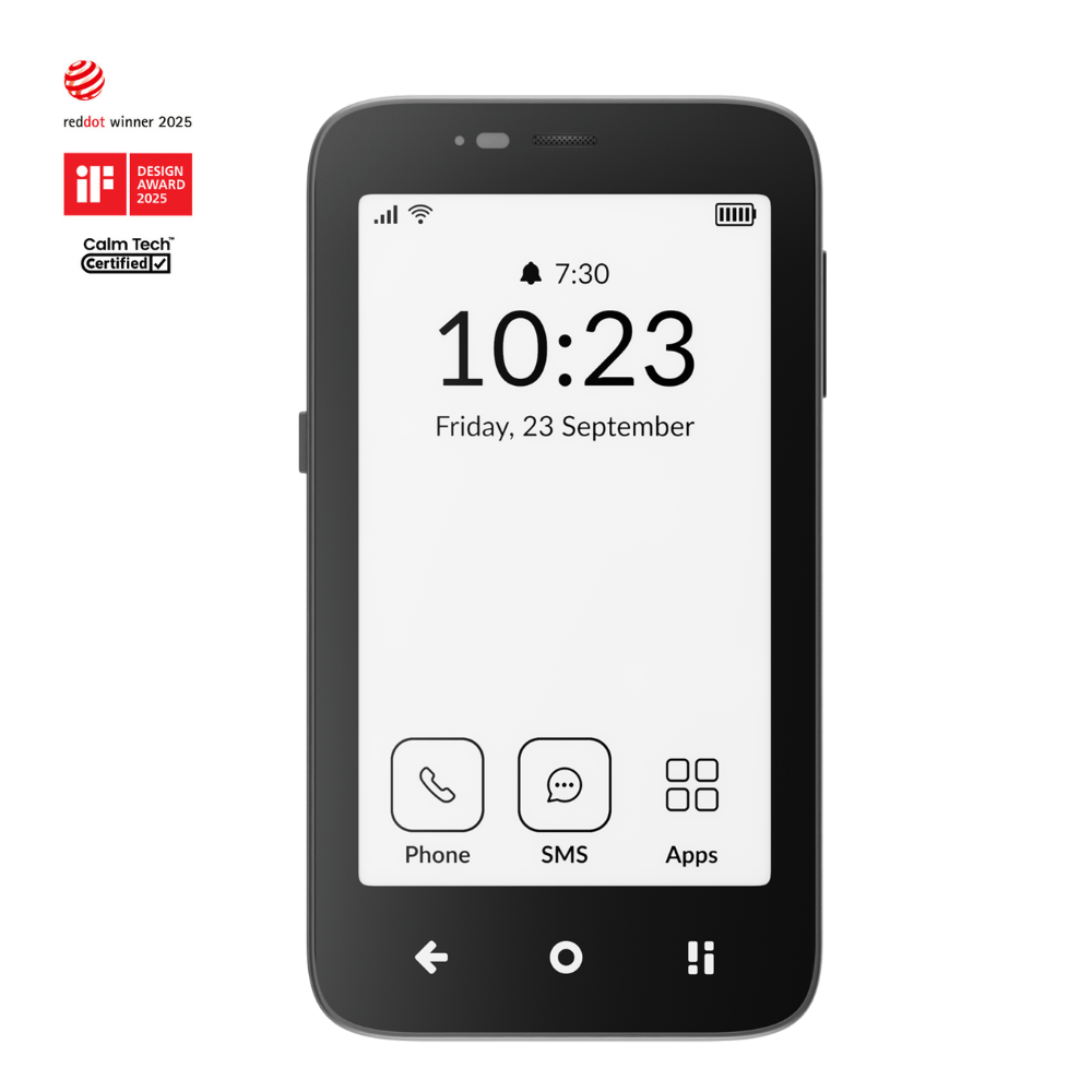 Mudita Kompakt 4G Minimalist E-Ink Mobile Phone Charcoal Black 32GB with reddot winner logo and calm tech certified logo