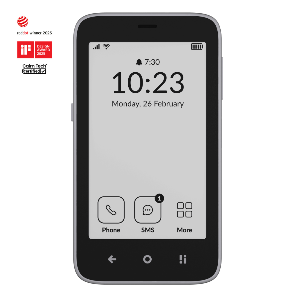 Mudita Kompakt 4G Minimalist E-Ink Mobile Phone Pebble Grey 32GB with reddot winner logo and calm tech certified logo