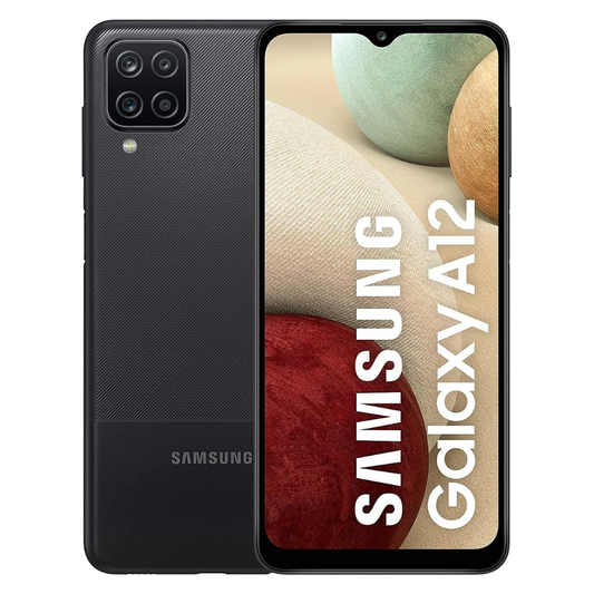 Samsung Galaxy A12 smartphone shown from the back and front on a white background. The phone is black with a textured back panel, a vertical rear camera array, and a front-facing screen displaying abstract beige, green, and red shapes with large white 'SAMSUNG Galaxy A12' text.