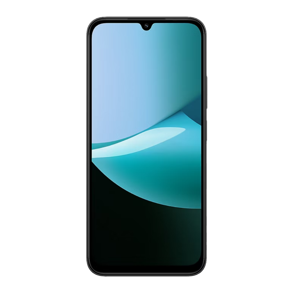 A black smartphone with a front-facing camera cutout and a colorful display showing a blue and teal abstract wallpaper, centered on a plain white background.